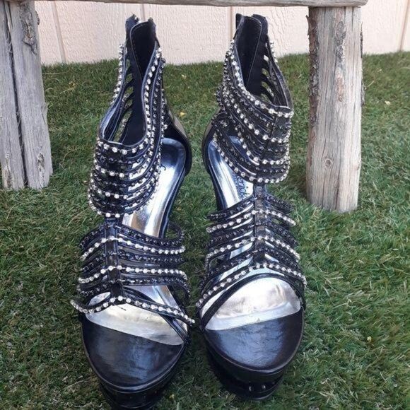 Fredericks Platform Studded Rhinestone Strappy Ankle Wrap Stiletto Heels Sz 8 - Picture 4 of 8